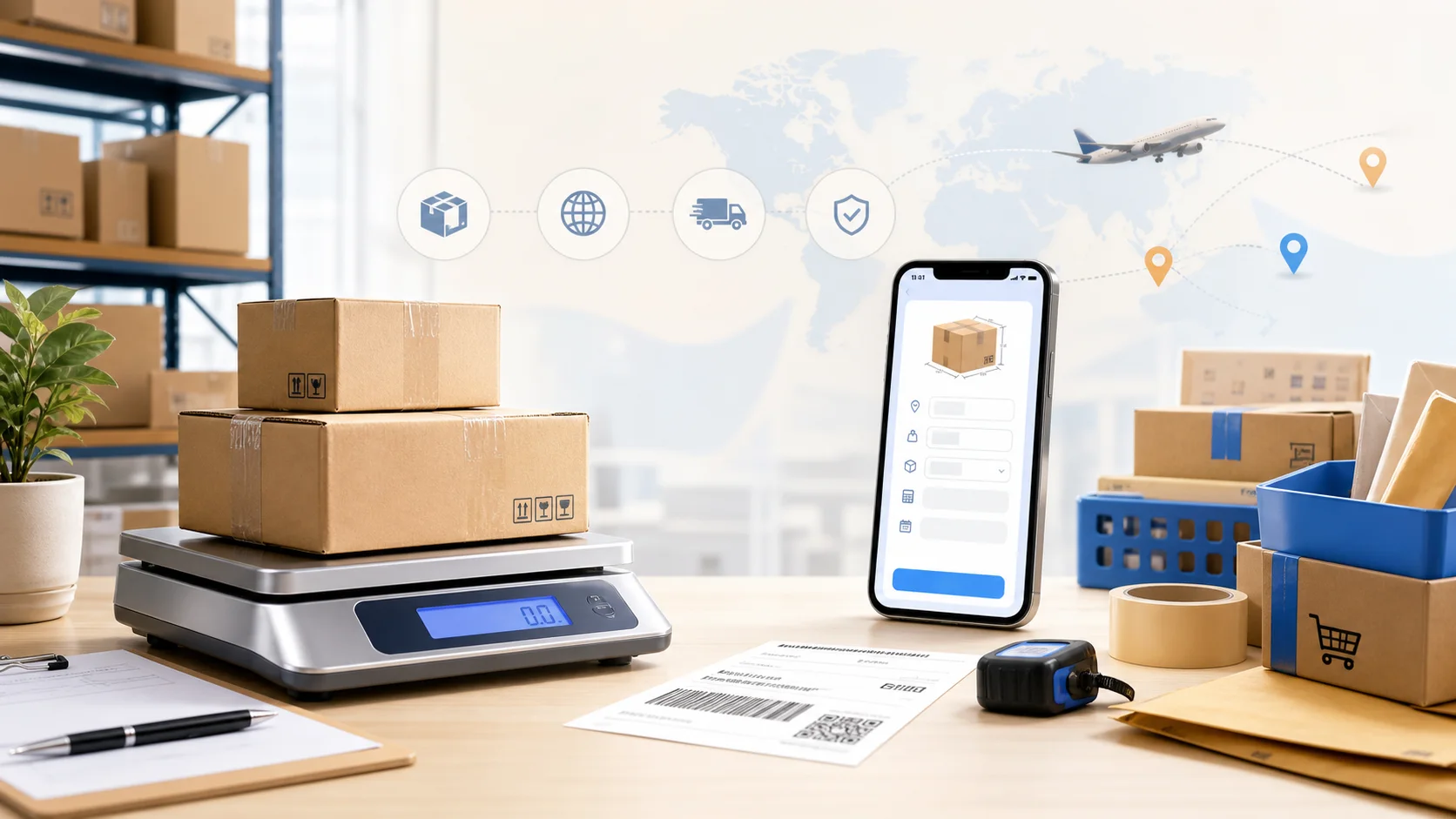 BuyPlus 運費計算與包裹秤重示意圖